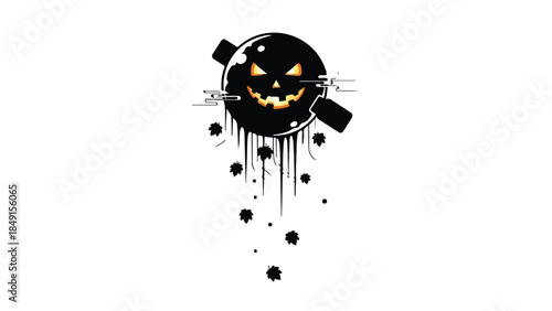 Halloween jack-o-lantern head with melting face and paint splatters on white background, spooky illustration for October holiday