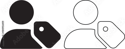 User profile with price tag icons in black silhouette and outline style for e-commerce and customer labeling concepts