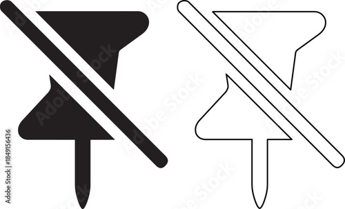 Black and white unpin icon set with crossed out pushpin symbol for website interface and mobile app design