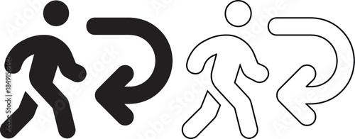 Black and white person returning icon set with curved back arrow symbol for navigation interface and wayfinding design