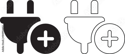 Electric plug with plus sign icon set in solid and outline vector style for power connection.