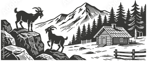 Two mountain goats on rocky outcrop overlooking rustic log cabin in snowy alpine landscape with pine forest illustration.