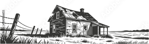 Abandoned dilapidated wooden farmhouse with broken roof and barbed wire fence in overgrown rural meadow illustration.