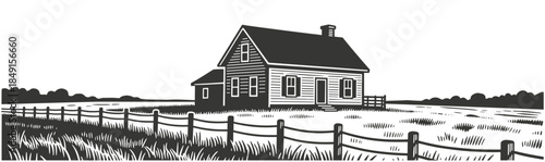 Charming wooden farmhouse with picket fence in vast grassy meadow under serene rural countryside landscape illustration.