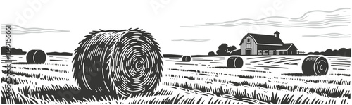 Scattered round hay bales in harvested field with classic barn on serene rural countryside landscape illustration.