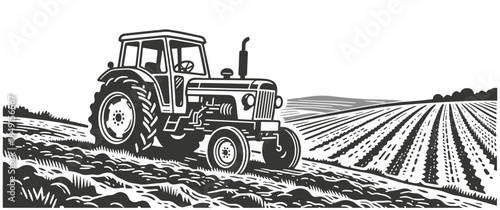 Vintage tractor in vast agricultural field in serene rural countryside landscape black and white illustration.