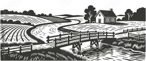 Idyllic rural farmhouse with wooden bridge over winding river amidst plowed fields in serene countryside illustration.