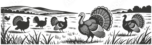 Flock of turkeys in grassy rural meadow countryside black and white illustration.