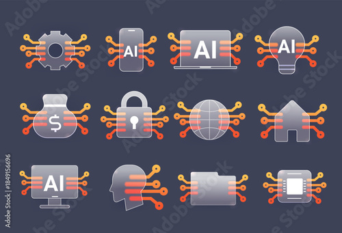 Digital artificial intelligence technology symbols set. Vector smart icons collection on dark background
