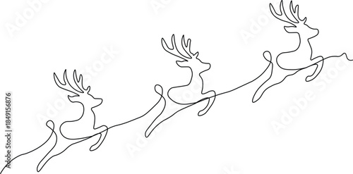One continuous line drawing of christmas reindeer. Wild animal deer with antlers is dynamic silhouette in simple linear style. Editable stroke