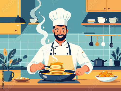 Man flipping pancakes in skillet wearing a chef uniform in a bright kitchen
