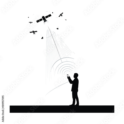 Navigation accuracy silhouette with satellite signal beams representing precise positioning and reliable GPS technology