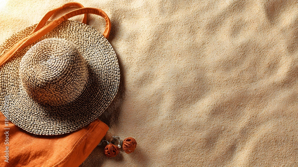 Naklejka premium Beach essentials - Straw hat and orange tote bag resting on sandy surface, summer vibes.