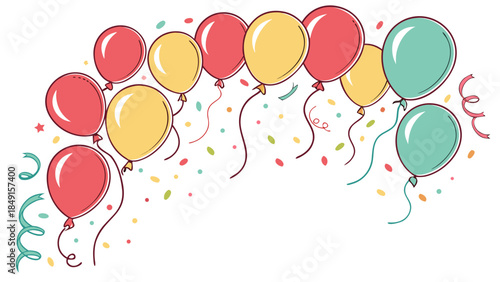 Vibrant hand-drawn festive balloons and colorful confetti showering down, creating a cheerful arch for party decorations and celebratory events, perfect for backgrounds