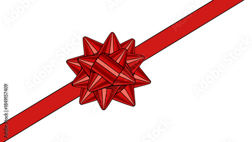 A close-up shot of a bright red ribbon tied into a bow, with a diagonal red ribbon stripe running across a white background