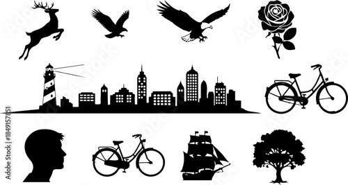 Business & Technology Solid Icon Set – Search, Idea, Chat, Shopping & Settings