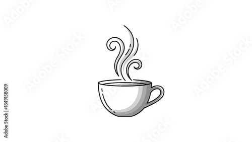Minimalist monochrome drawing of a steaming coffee cup with swirling vapor on a plain background