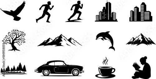 Business & Technology Solid Icon Set – Search, Idea, Chat, Shopping & Settings