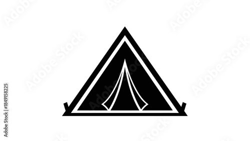 Minimalist black and white tent icon with geometric lines and sharp angles symbolizing outdoor