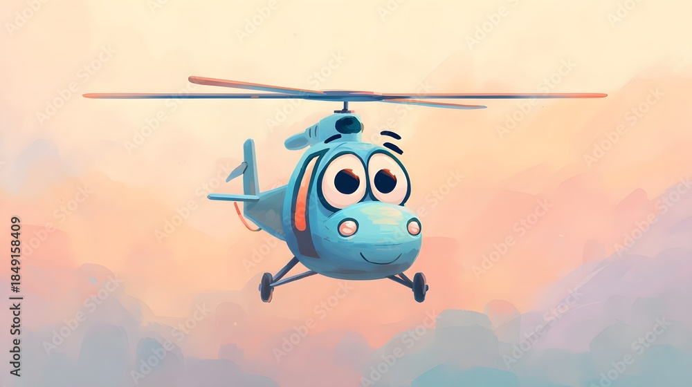 Obraz premium Cartoon Helicopter Flying in the Sky with a Smiling Face and Big Eyes.