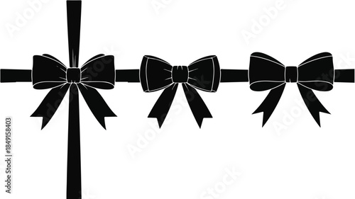 Graphic illustration of three black bows tied on a ribbon against a white background.