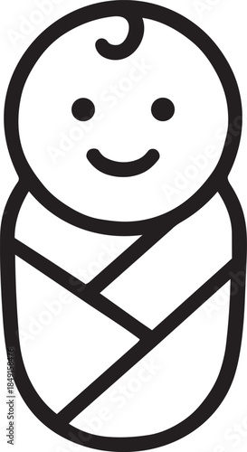 A simple black and white line drawing depicts a newborn baby wrapped in a blanket illustrating infancy and care