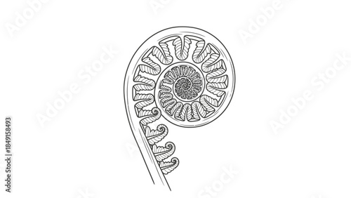 Intricate line art of a detailed ammonite fossil illustrating natural spiral design with fine