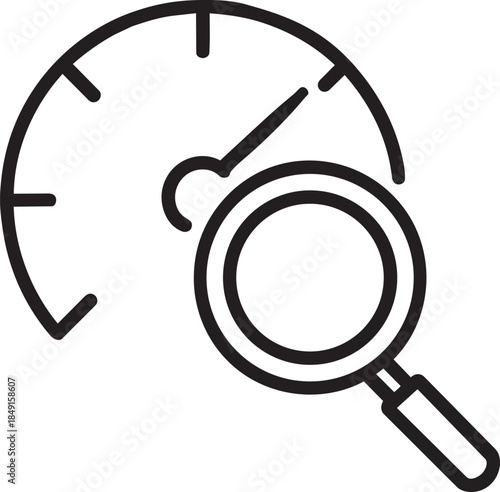 A black and white line art illustration depicting a speed meter with a magnifying glass over it