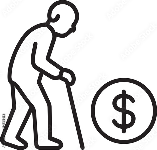An elderly person using a walking cane is depicted near a dollar sign suggesting financial concerns in aging