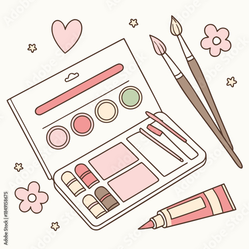 Open makeup palette with brushes