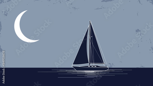 Serene Night Sailing Scene with Crescent Moon and Dark Sky Over Calm Waters