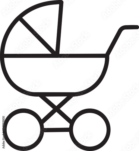 Simple black and white line icon depicting a classic baby stroller with a rounded curved design