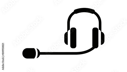 Minimalist black and white illustration of a headset with microphone for communication technology