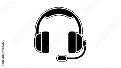 Minimalist black and white illustration of communication headset with microphone