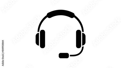 Minimalistic black and white icon of a headset with microphone representing customer service or