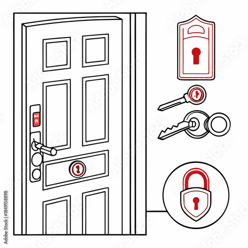 Secure door with lock and keys
