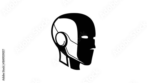 Abstract black and white profile of a human head wearing a futuristic headset design perfect for