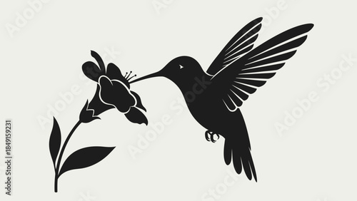 Elegant black silhouette of a hummingbird in flight sipping nectar from a flower
