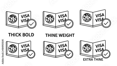 Illustration of six different passport designs with varying line thicknesses and visa stamps on a white background.