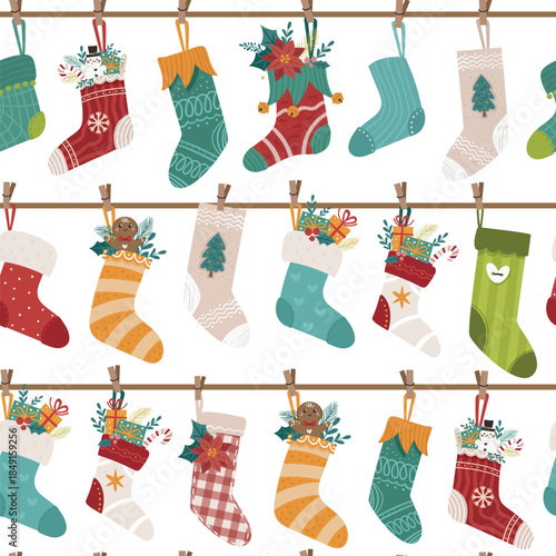 Vector seamless pattern with Christmas socks and stockings on a white background. Perfect for Christmas paper, fabric and gift designs
