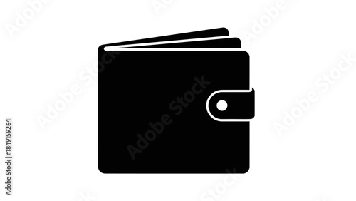 Minimalist black and white illustration of an open wallet with a strap and card slot