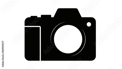 Minimalist black silhouette of a compact digital camera on white background