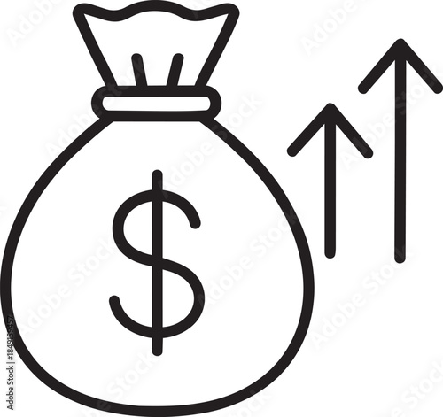 A simple black and white line drawing depicts a bag of money with dollar signs and upward pointing arrows symbolizing growth