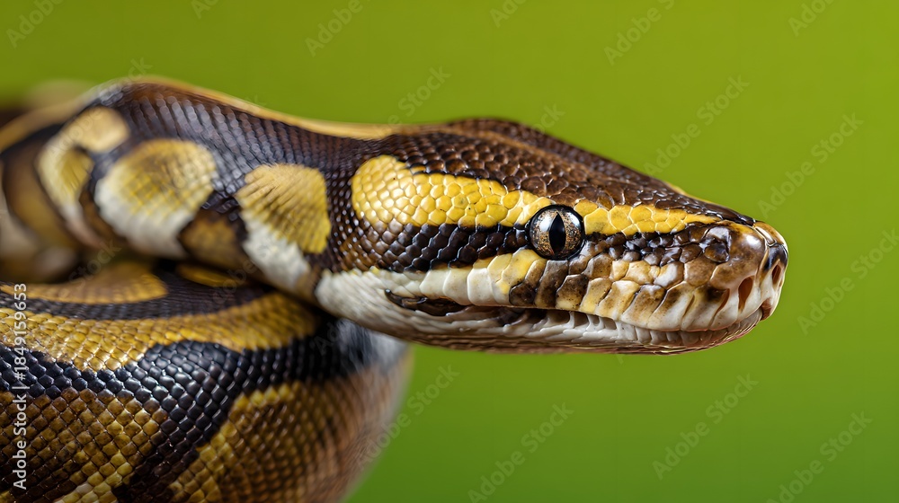 Fototapeta premium Close-up of a beautiful ball python with intricate patterns and vibrant colors against a green background.