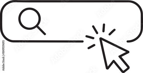 A simple black and white line drawing depicting a search bar with a magnifying glass and a hand cursor clicking