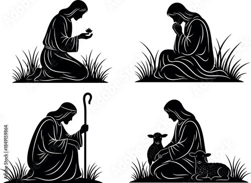 Jesus Christ religious silhouette set, Good Shepherd with lambs, praying in nature, biblical scenes, Christian faith vector icons, spiritual.
