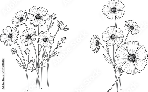 Hand drawn wildflower bouquet line art illustration for coloring book page or elegant floral wedding invitation card design