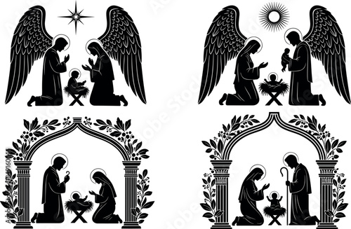Nativity scene silhouettes set, Mary and Joseph with baby Jesus in manger, Christmas angels with wings, biblical star, vector.