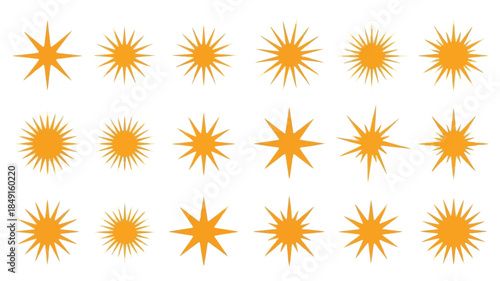 Graphic illustration of various orange starburst shapes on a white background.