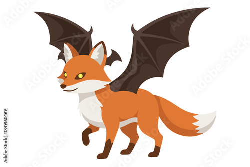 Fox with Bat Wings Illustration, Fantasy Animal Character, Cute Cartoon Style